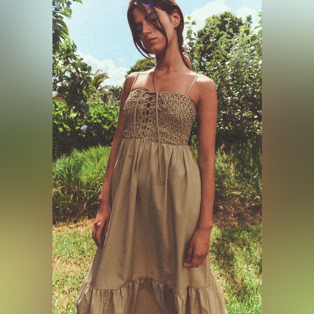 NWT Zara Tied Poplin Smocked Festival Boho Tan Sundress Midi Dress L XL